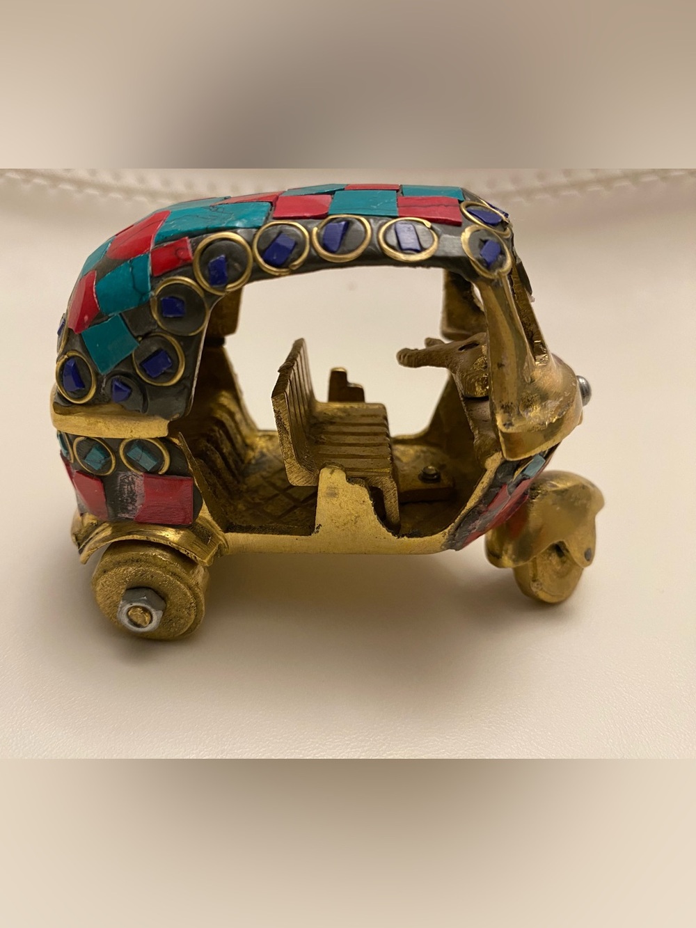Vintage Handcrafted Brass Auto Rickshaw Figurine Tuk Tuk Mosaic Detail